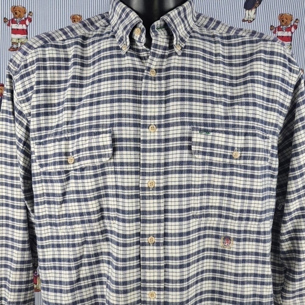 Vintage Tommy Hilfiger embroidered crest gray & white LG plaid flannel shirt